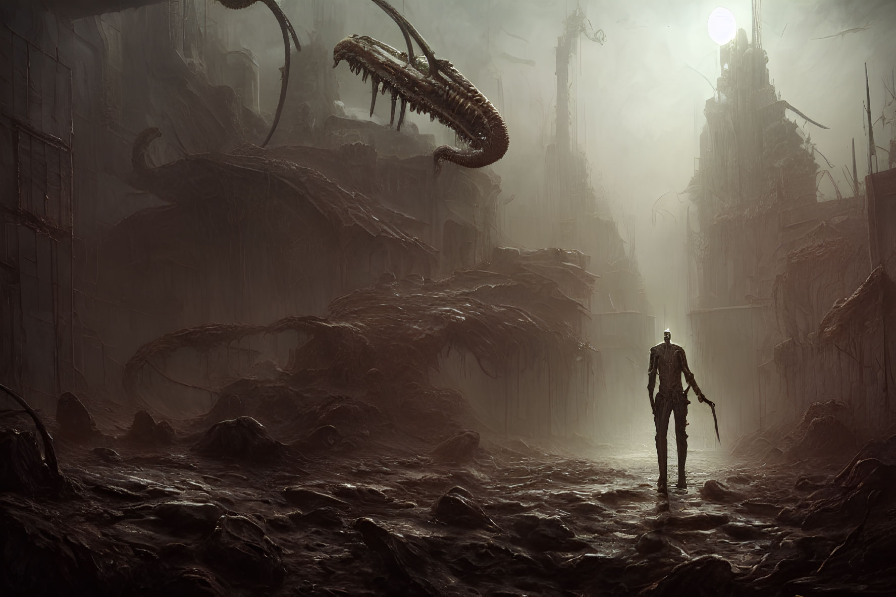 Lone figure in dystopian cityscape with ruin and monstrous creature.