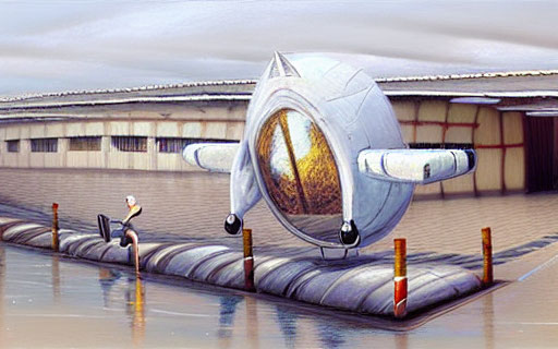 Silver futuristic aircraft with large cockpit window docked on wet platform, worker inspecting.