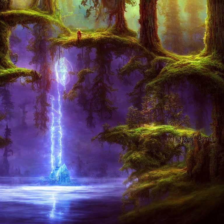 Vibrant purple forest with lightning bolt, house on lake, and cloaked figure