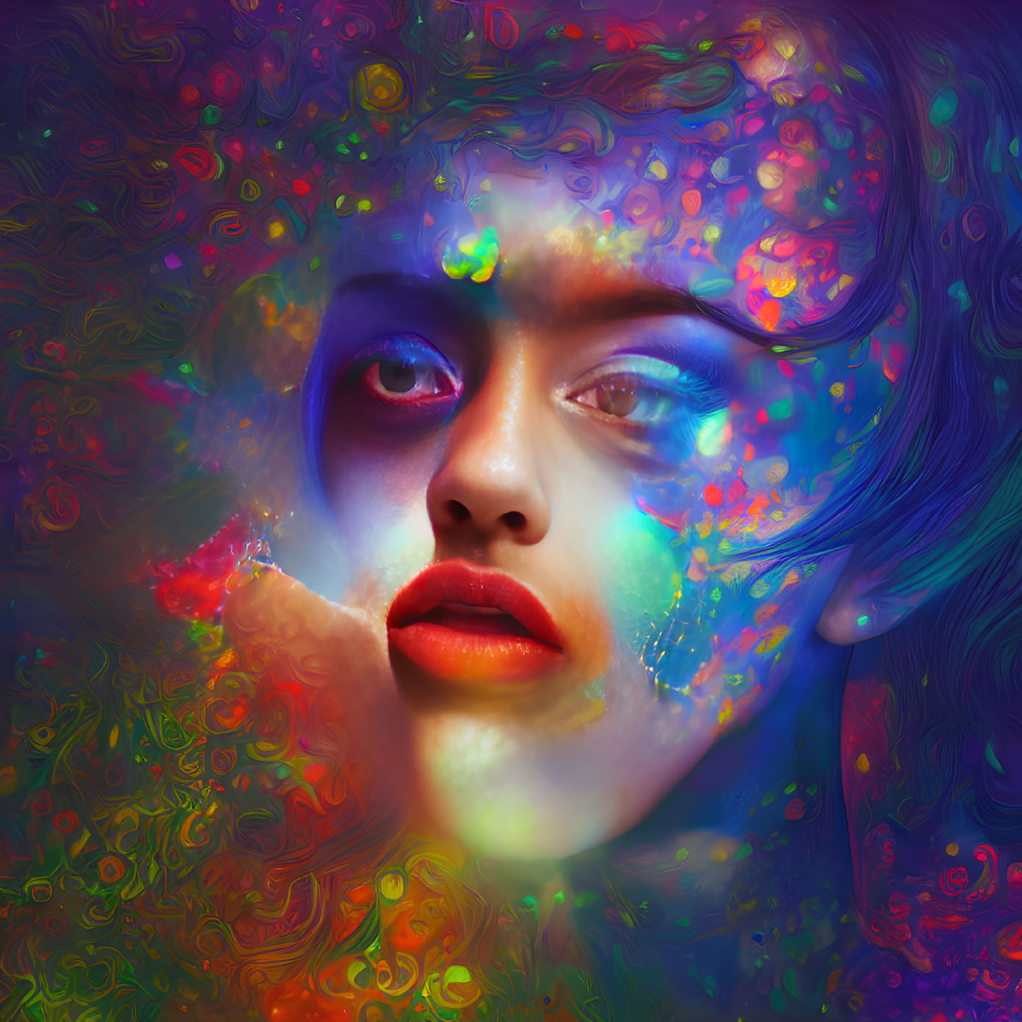 Colorful digital portrait of a woman's face with swirling, dreamlike features
