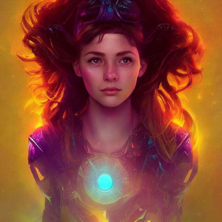 Digital Artwork: Young Woman in Futuristic Armor with Intense Eyes