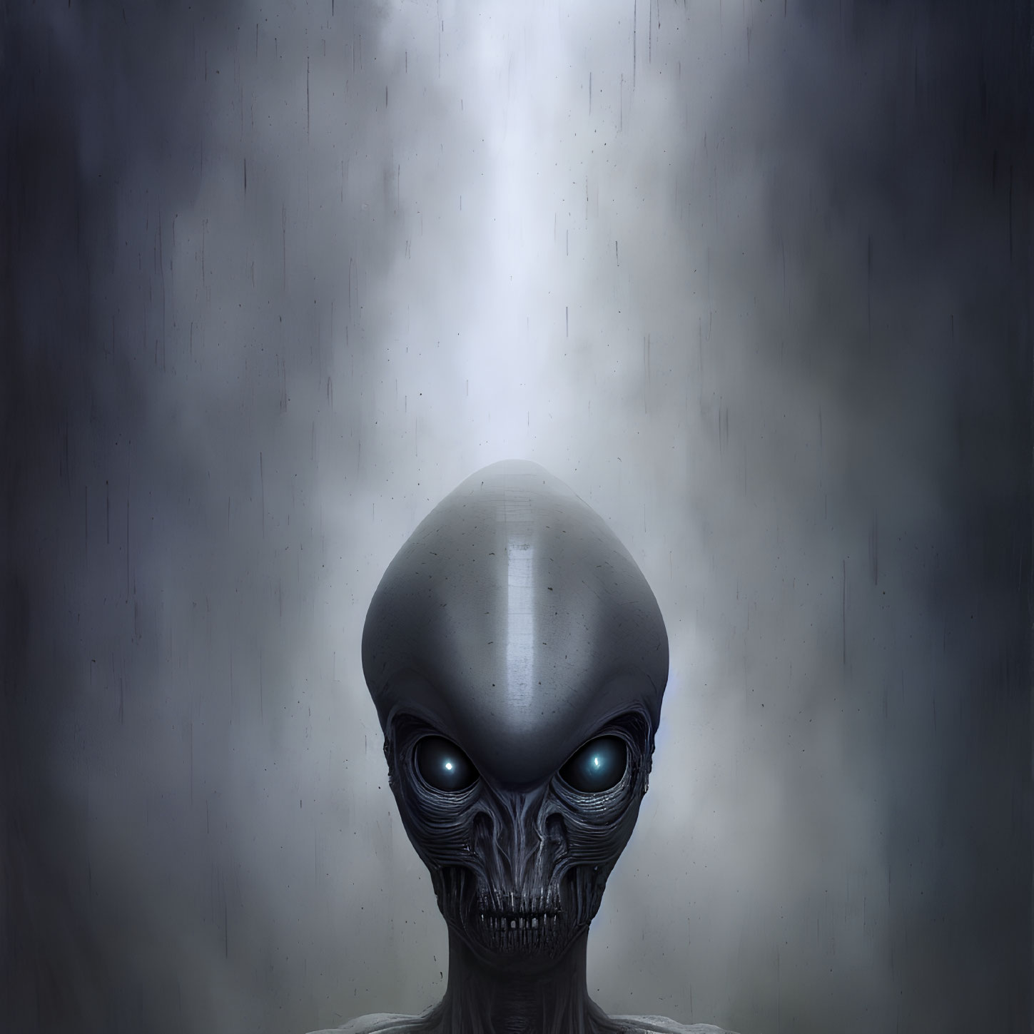 Detailed Close-up of Alien with Large Black Eyes in Rainy Scene