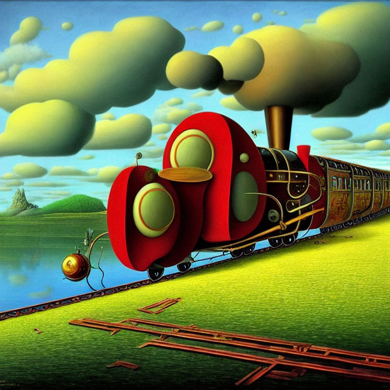 Colorful surreal painting of red train in whimsical landscape