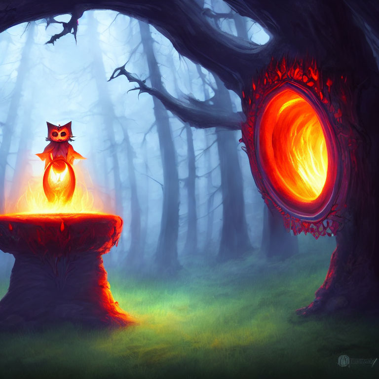 Illustrated owl on fiery pedestal in enchanted forest with glowing portal