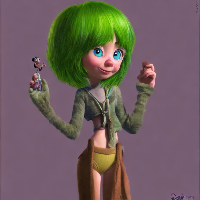 Vibrant green-haired animated girl with blue eyes holding tiny squirrel