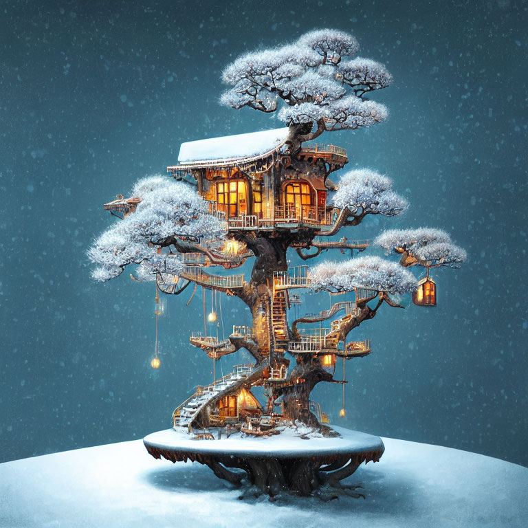 Snow-covered cherry blossom treehouse with hanging lanterns