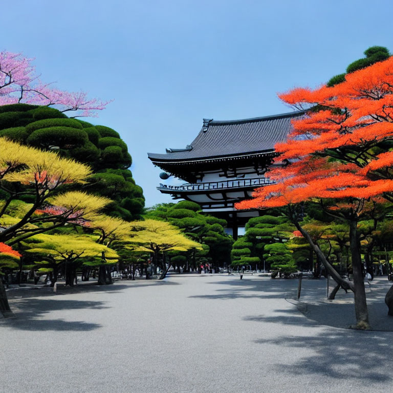 Colorful Trees and Japanese Building in Serene Park