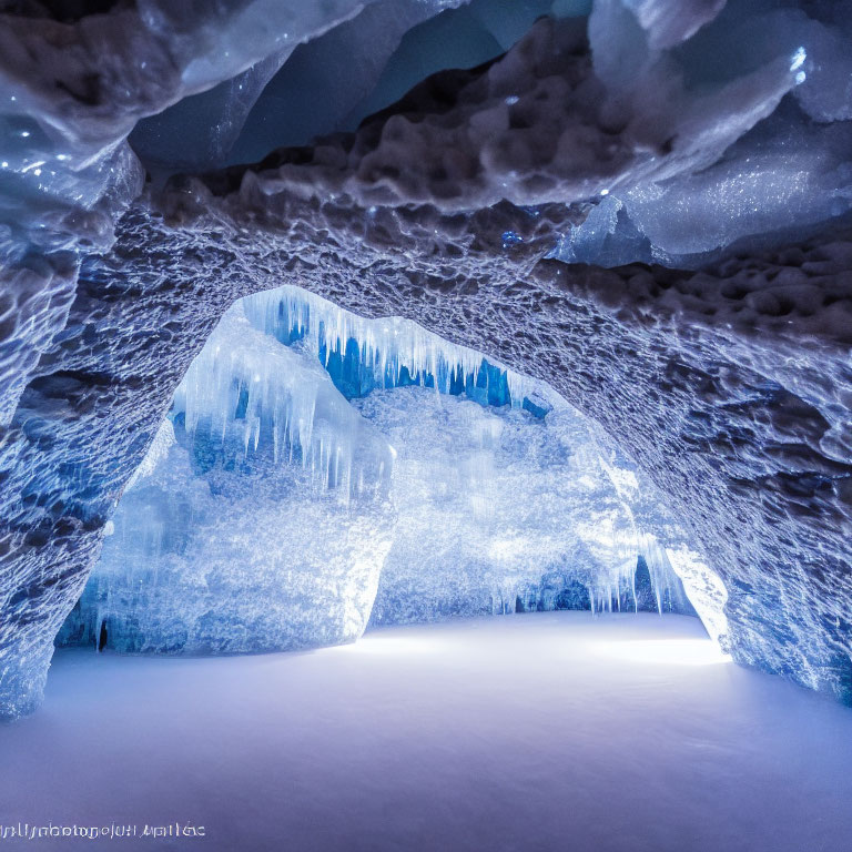 Ethereal Glowing Blue Ice Cave with Icicles and Textured Walls