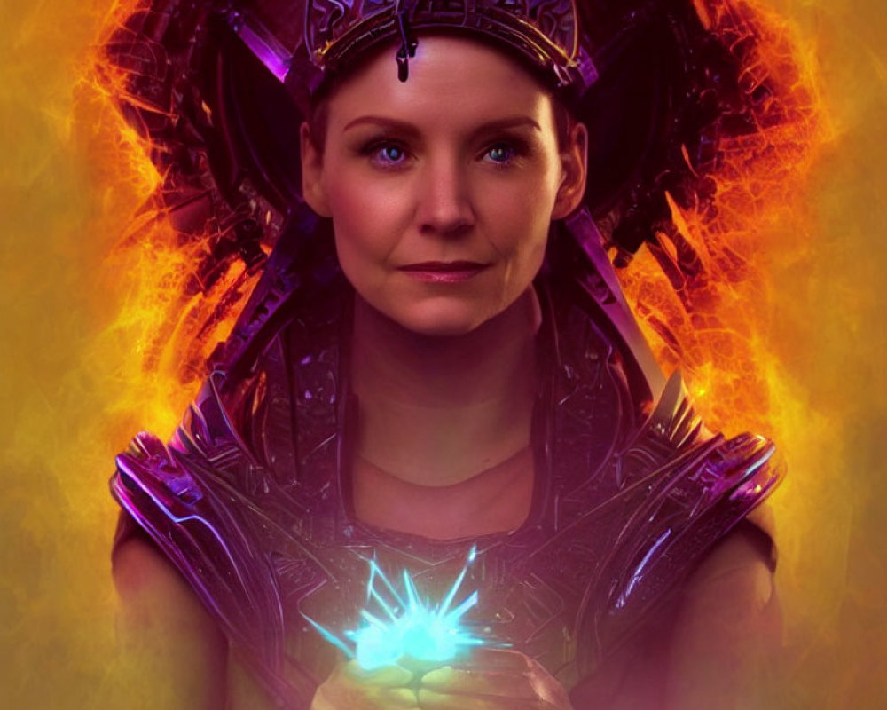 Intense-eyed woman in purple sci-fi armor with glowing blue crystal