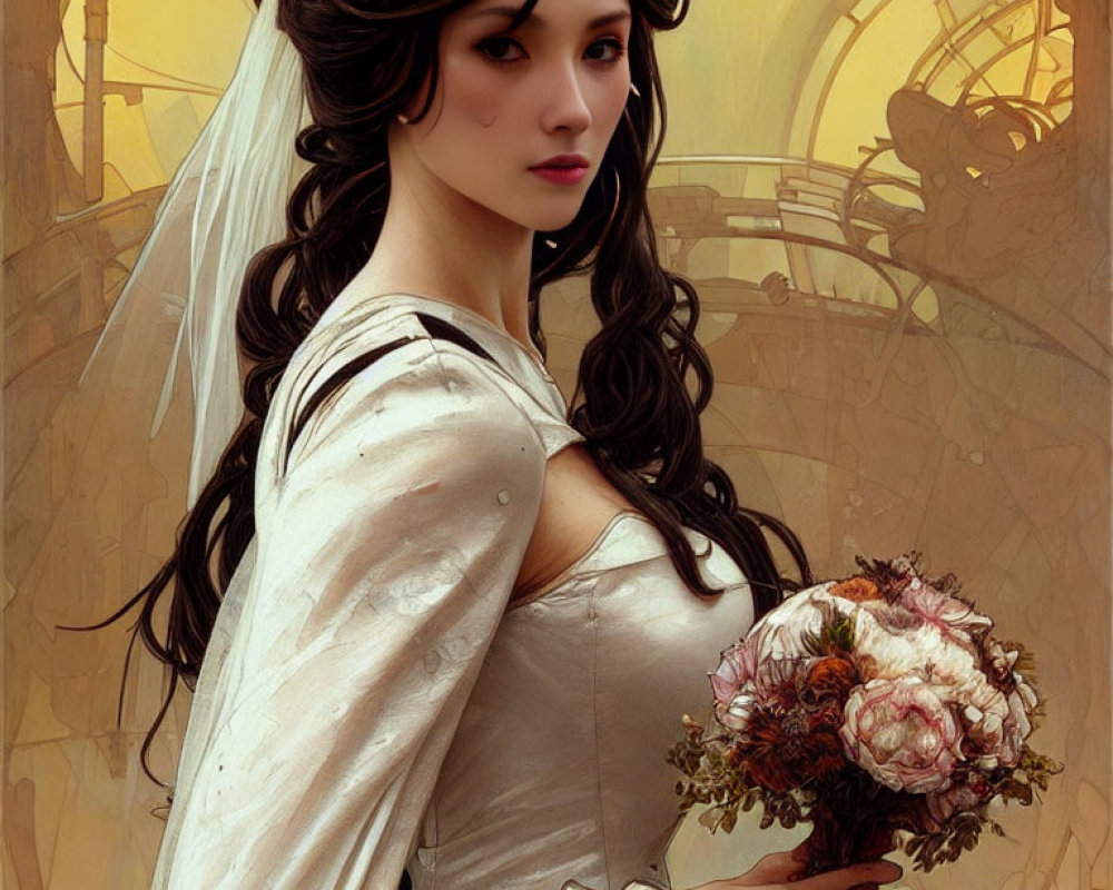 Woman in white dress with bouquet and clock gears background