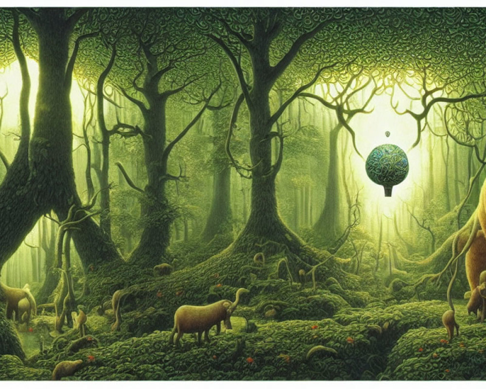 Enchanting forest scene with unique creatures and glowing orb