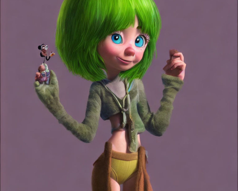 Vibrant green-haired animated girl with blue eyes holding tiny squirrel