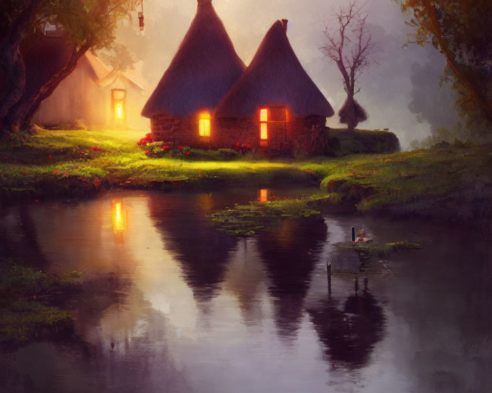 Twilight scene of thatched cottages, pond reflections, swans in lush landscape