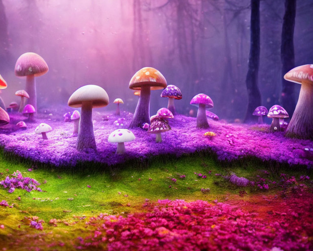 Colorful Fantasy Forest Scene with Oversized Mushrooms and Soft Trees