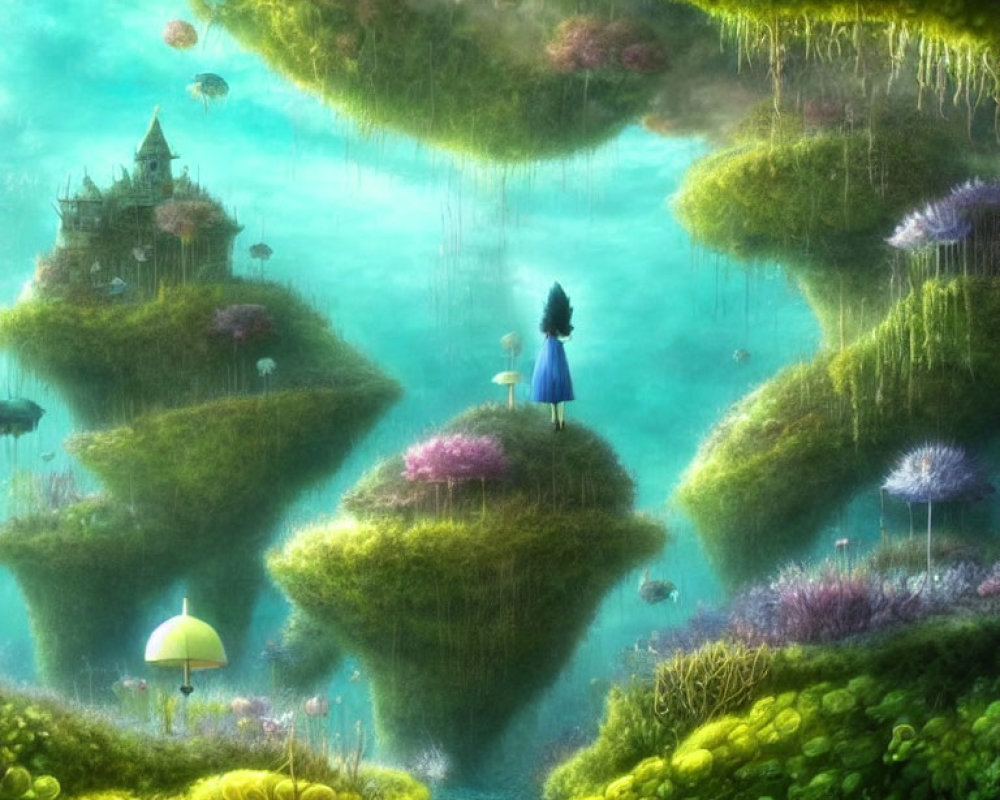 Girl on Floating Island Surrounded by Whimsical Landscape