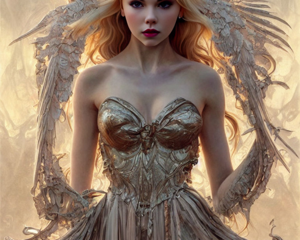 Woman with Angelic Wings in Ornate Bronze Dress and Intense Gaze