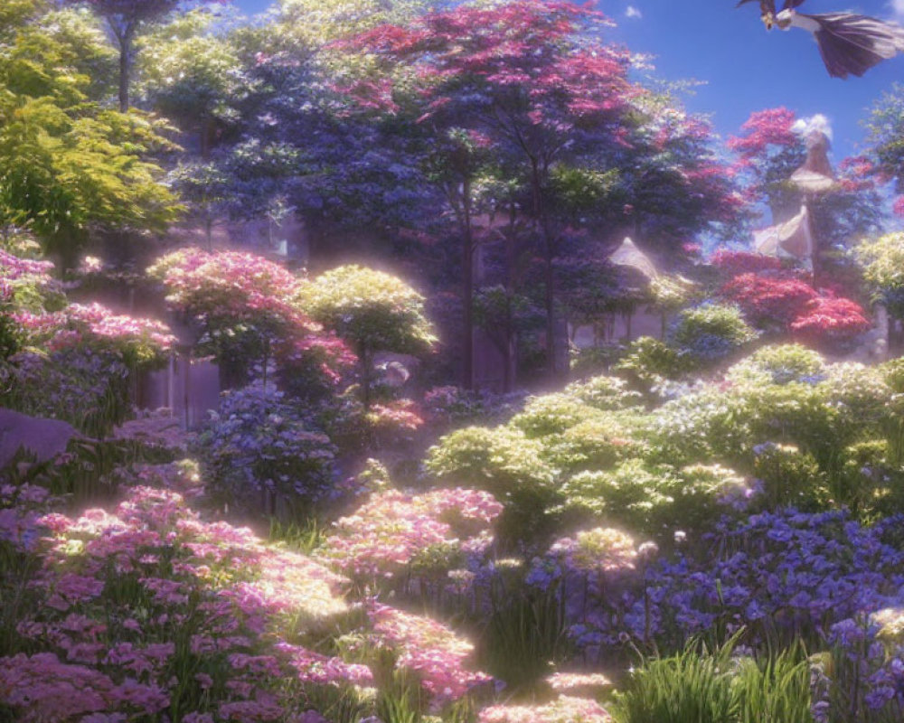 Colorful flowering garden with bird in flight & structures peeking through foliage