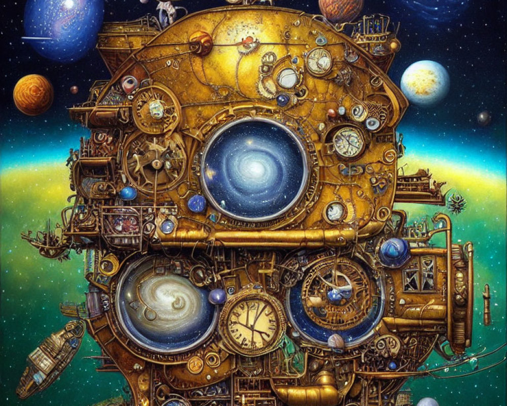 Clockwork cosmic robot with celestial backdrop in steampunk space theme