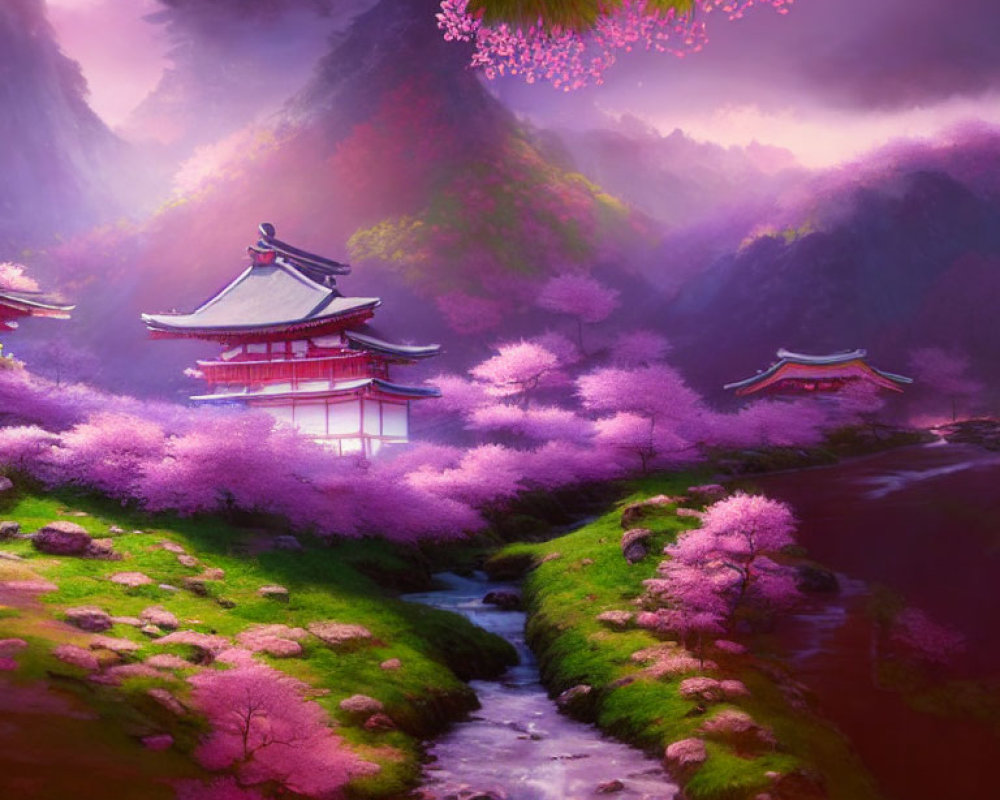 Fantasy landscape with Asian architecture, cherry blossoms, stream, misty mountains at dawn or dusk