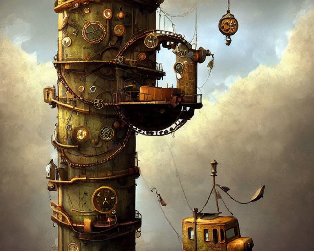 Steampunk lighthouse with gears, balcony, airships in cloudy sky
