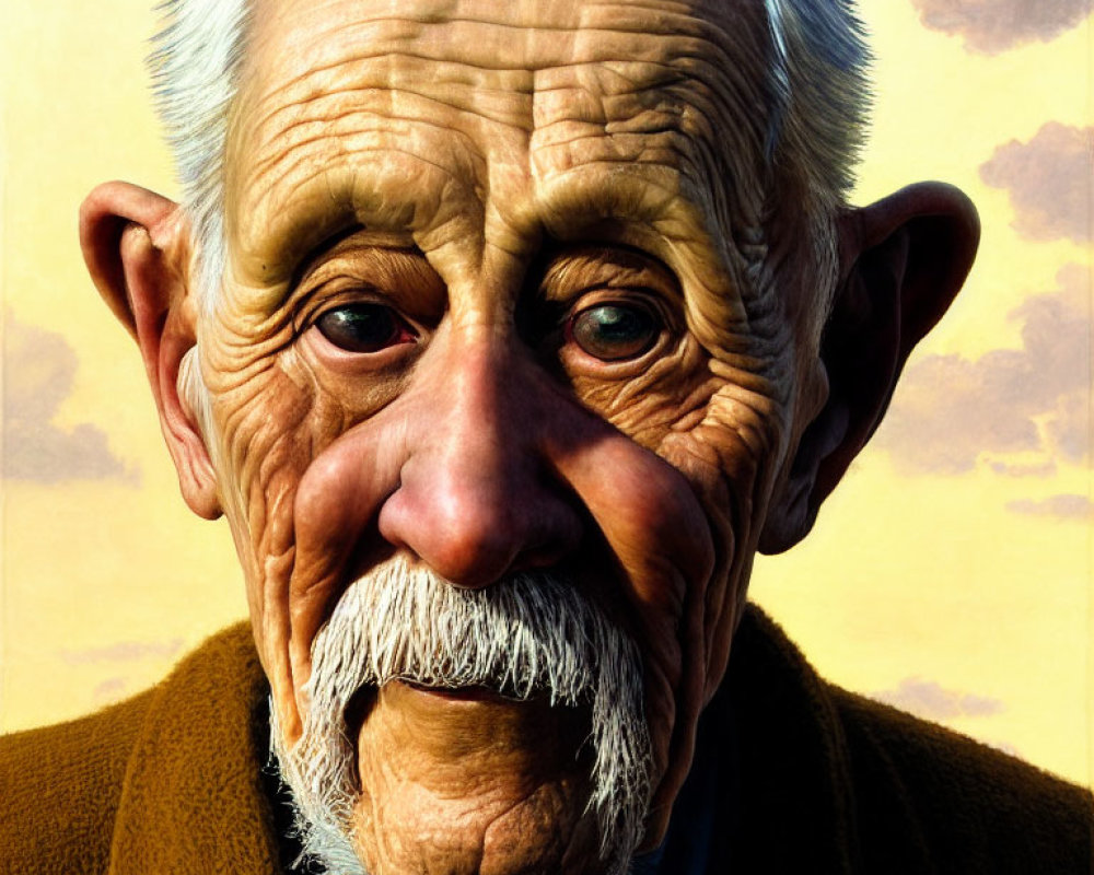 Detailed digital portrait of elderly man with expressive blue eyes and gray mustache