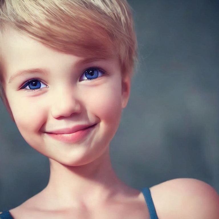 Smiling child with blue eyes and blonde haircut on blurred background