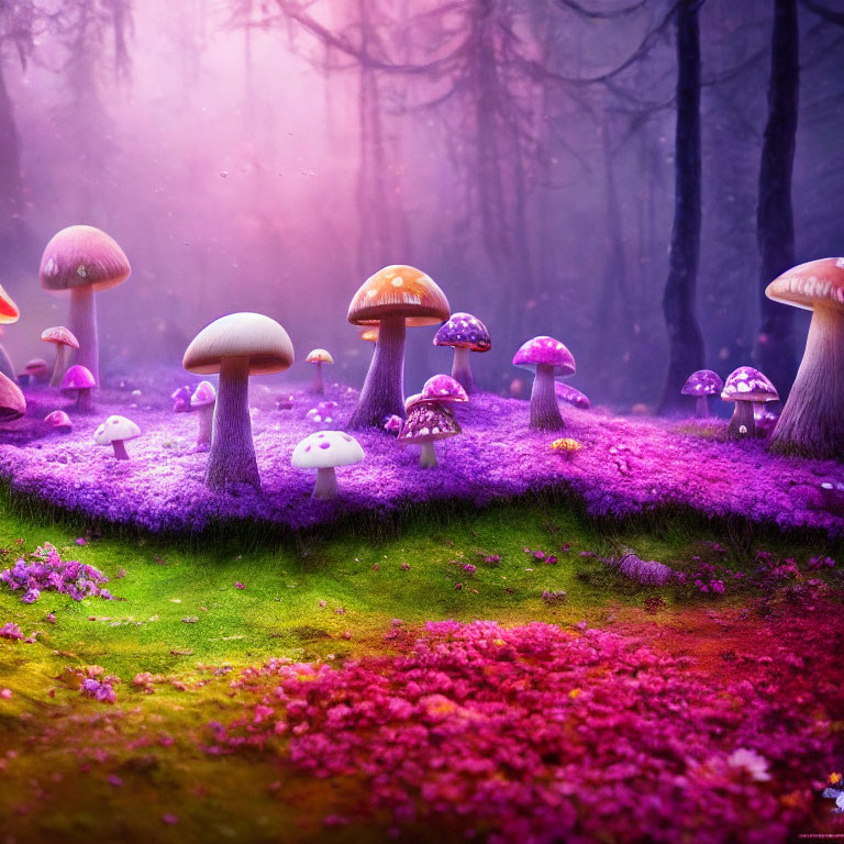 Colorful Fantasy Forest Scene with Oversized Mushrooms and Soft Trees