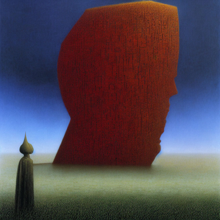 Surreal landscape with giant red head and small figure in peaked hat