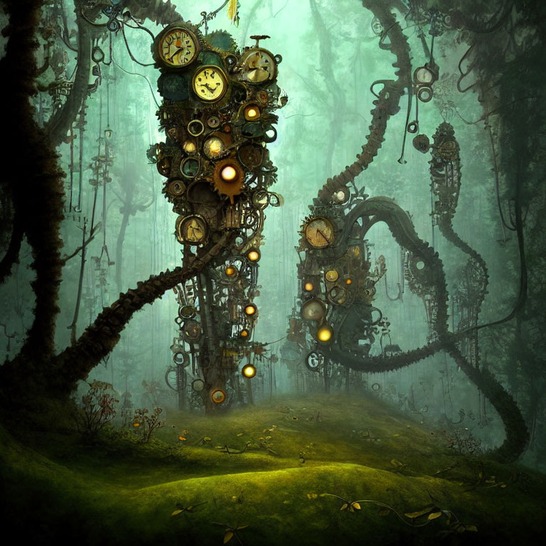 Enchanting forest scene with glowing bulbs and clock towers in misty green backdrop