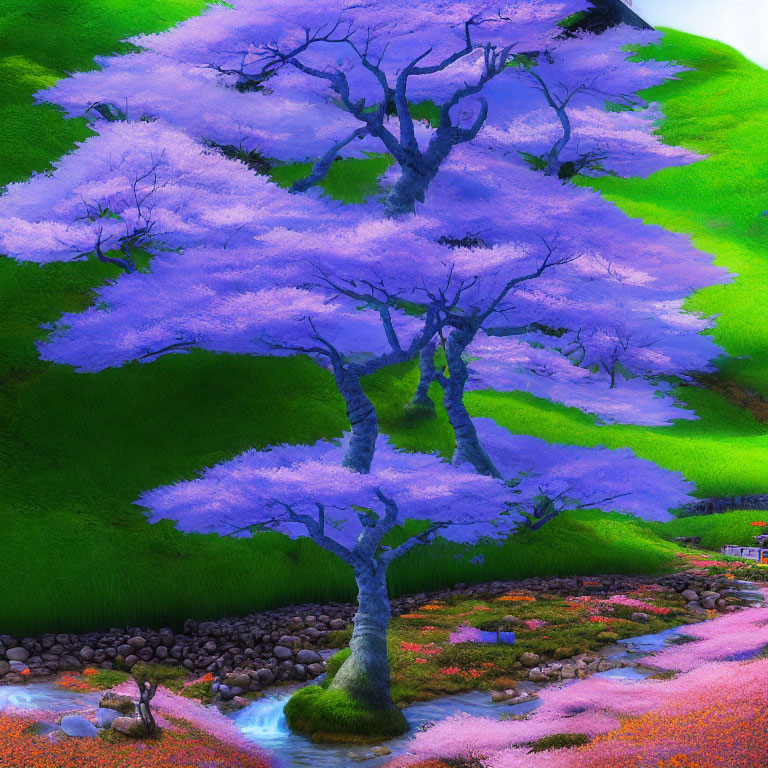 Surreal purple trees on verdant hillside with stream & pink petals