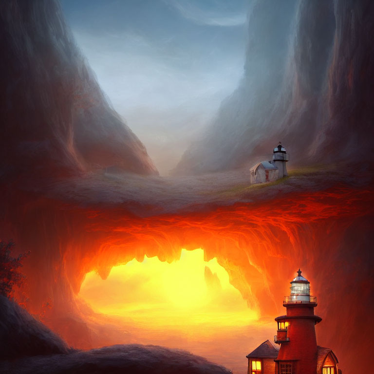 Surreal landscape with upper lighthouse and fiery cavern