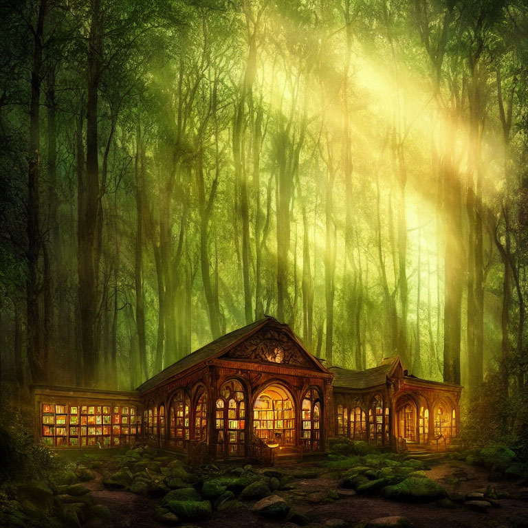 Enchanting glasshouse library in mystical sunlit forest