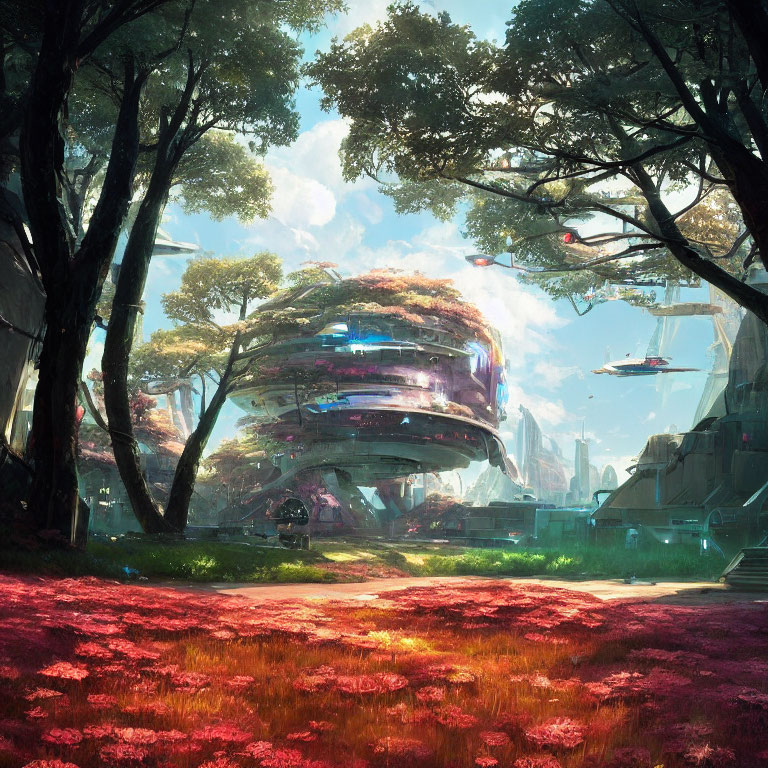 Futuristic cityscape with circular building, greenery, red foliage, and flying vehicles