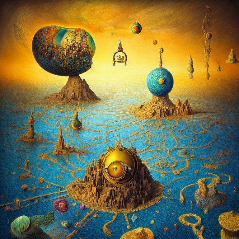 Surrealistic landscape with floating islands and colorful orbs