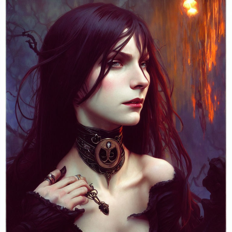 Pale-skinned gothic woman in black attire with choker pendant against fiery backdrop