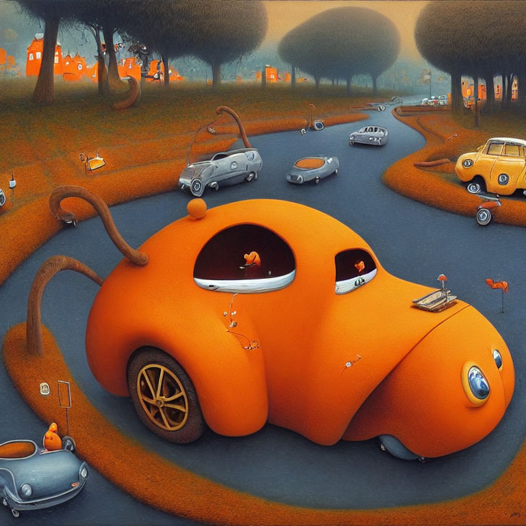 Surreal anthropomorphic orange car-like structure in whimsical landscape