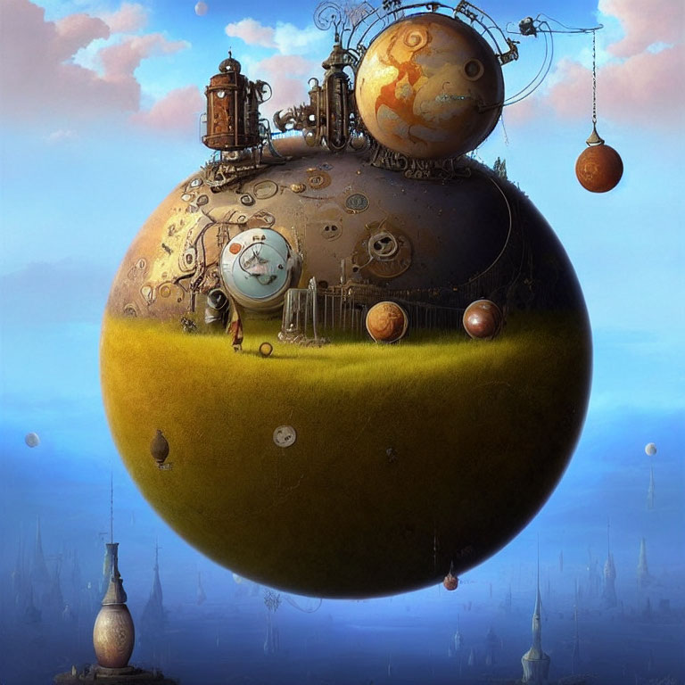 Steampunk-inspired floating planet with gears, clocks, and mechanical structures