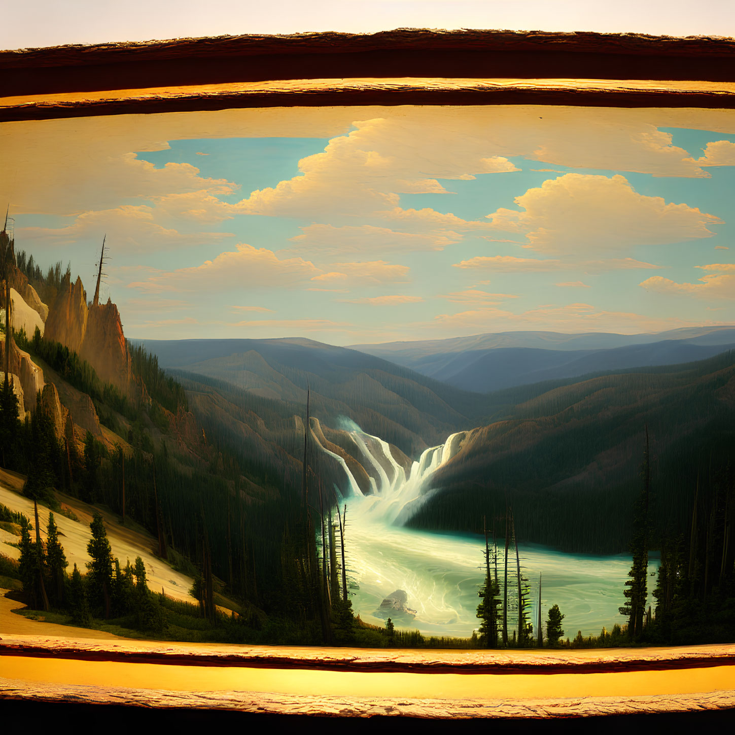 Panoramic mountain valley waterfall painting in oval frame
