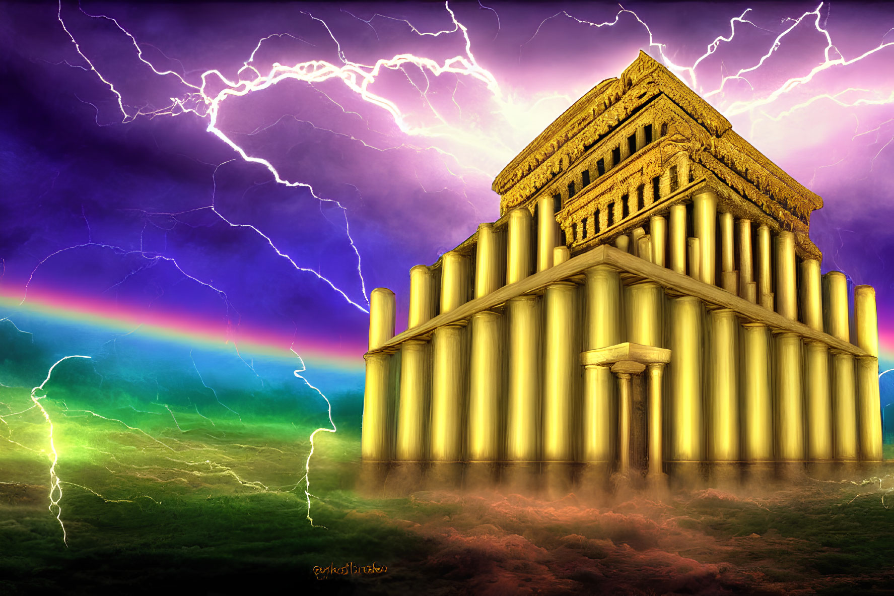 Ancient temple with towering columns under stormy sky and faint rainbow