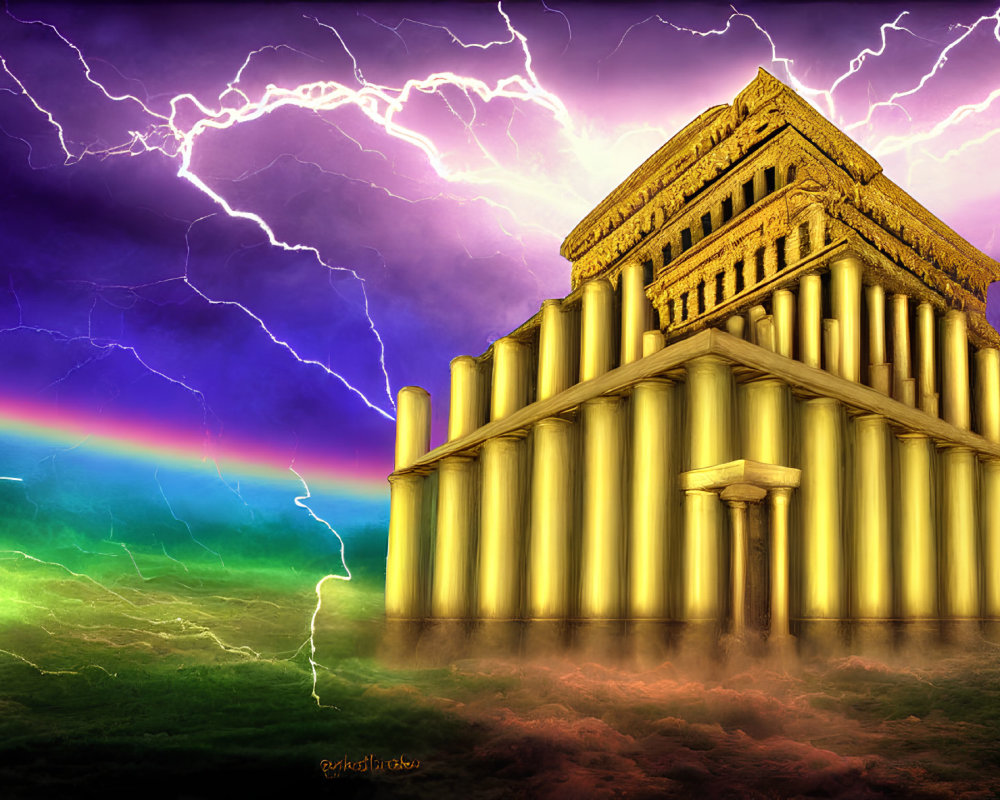 Ancient temple with towering columns under stormy sky and faint rainbow