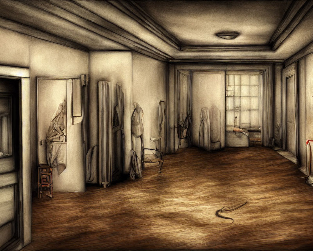 Sepia-Toned Illustration of Abandoned Hallway with Rocking Horse and Red Accents