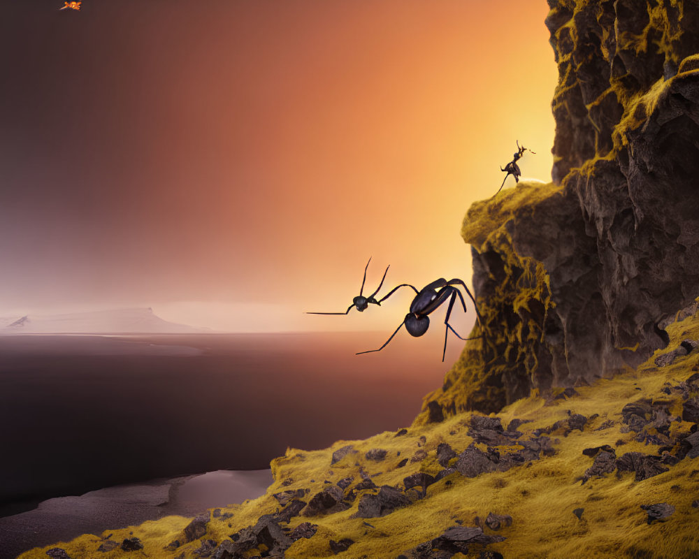 Surreal image of giant ants climbing cliff under orange sky