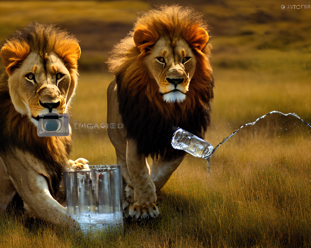 Lions displaying human-like behaviors with glass and water in savannah.