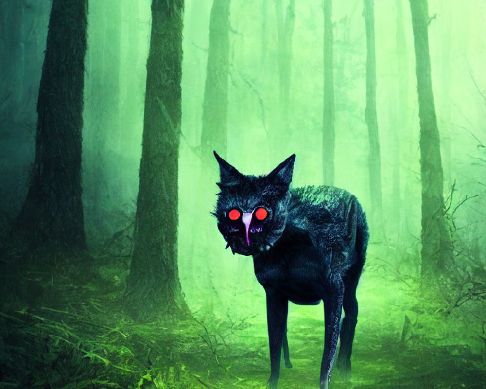 Mythical black wolf with red eyes in misty green forest