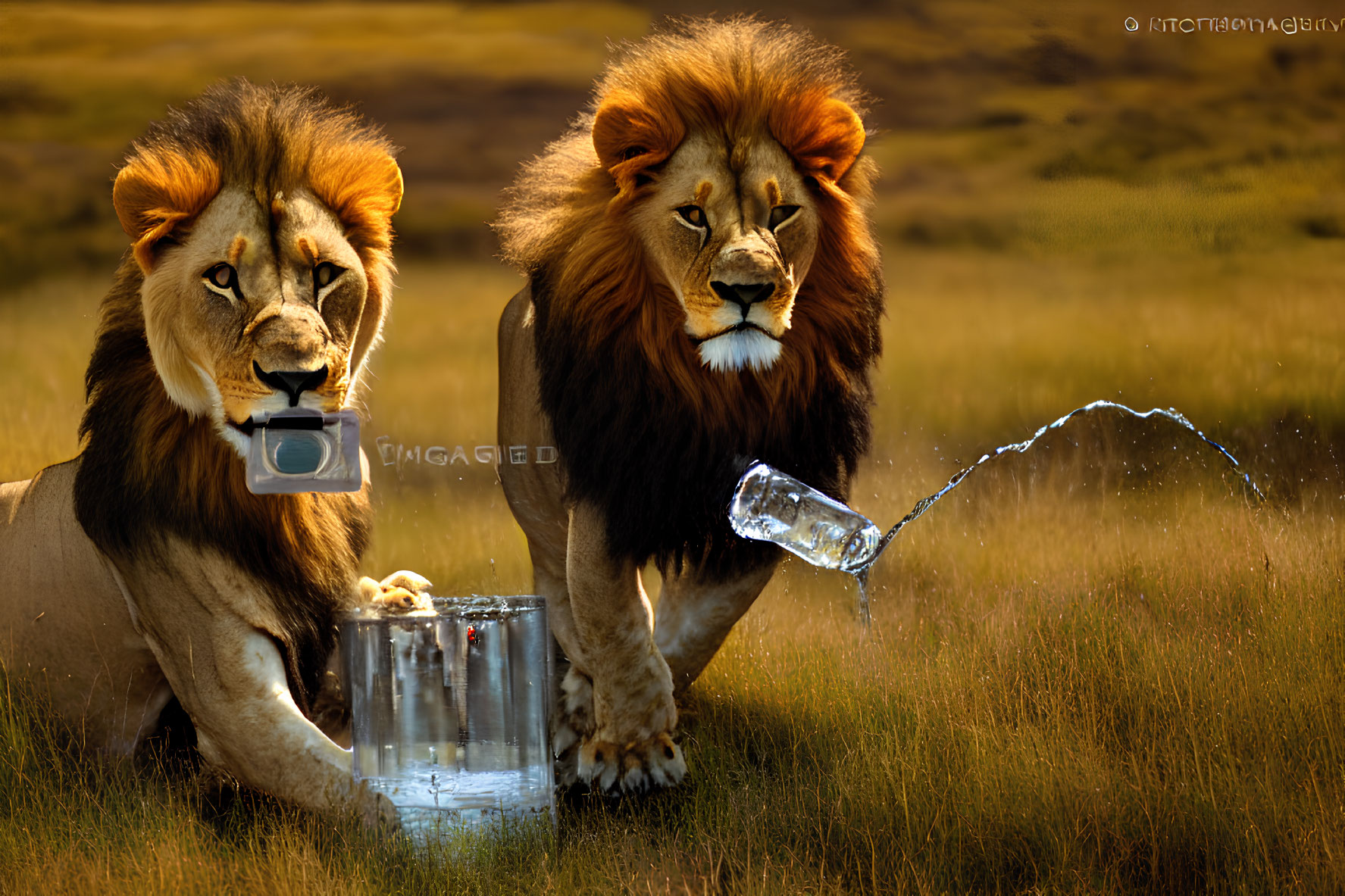 Lions displaying human-like behaviors with glass and water in savannah.