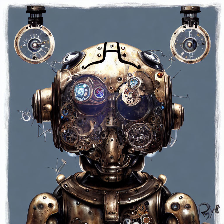 Steampunk-style robot head with intricate gears and round eyes