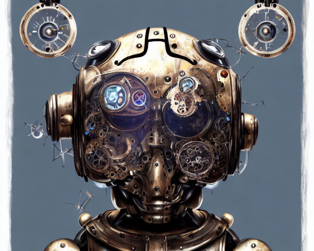 Steampunk-style robot head with intricate gears and round eyes