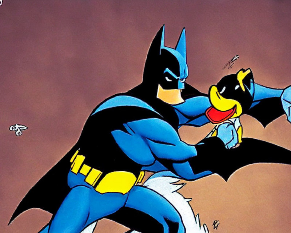 Superhero Batman holding a smiling black duck character illustration
