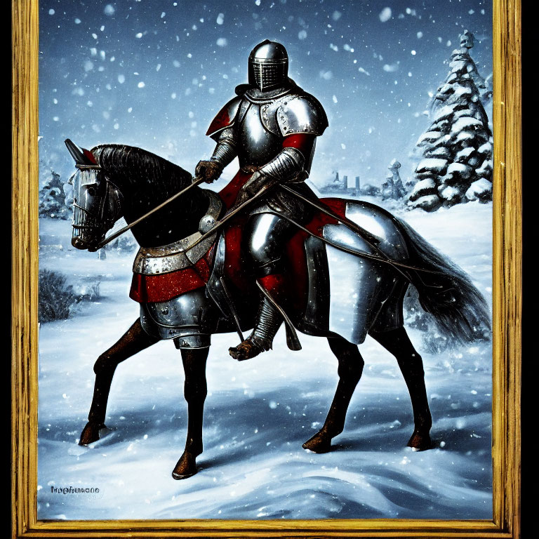 Knight in Shining Armor on Horse in Snowy Landscape with Pine Tree in Gold Frame