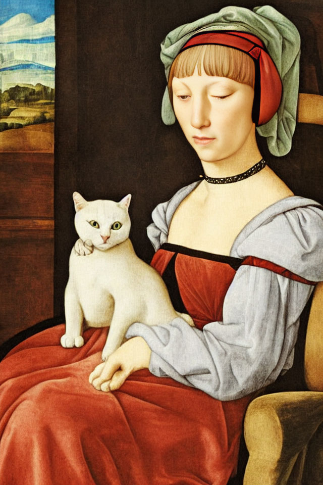 Woman in period clothing with cat in lap against landscape backdrop